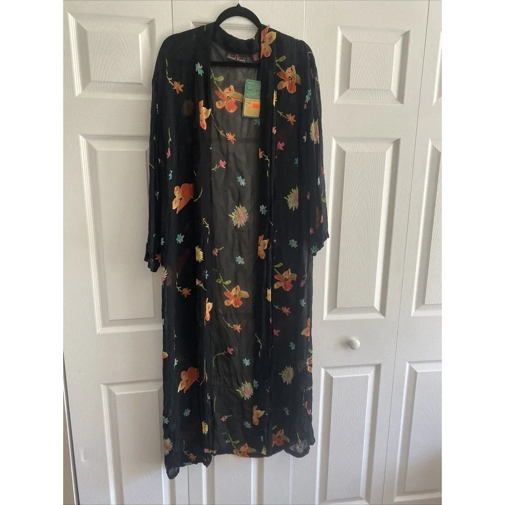Sacred Threads Women's Vintage Black Floral Kimono Cover up Deadstock Medium - Picture 6 of 7